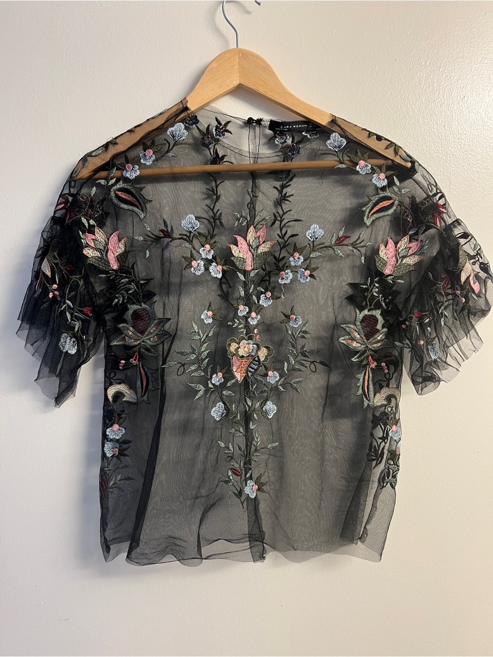 Zara Woman Black Sheer Floral Embroidered Blouse